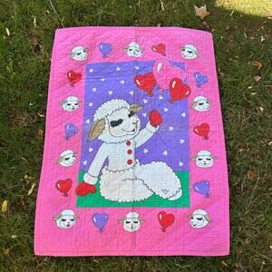 Vintage 1990s Lamb Chop Quilted Toddler Blanket – Reversible Hearts